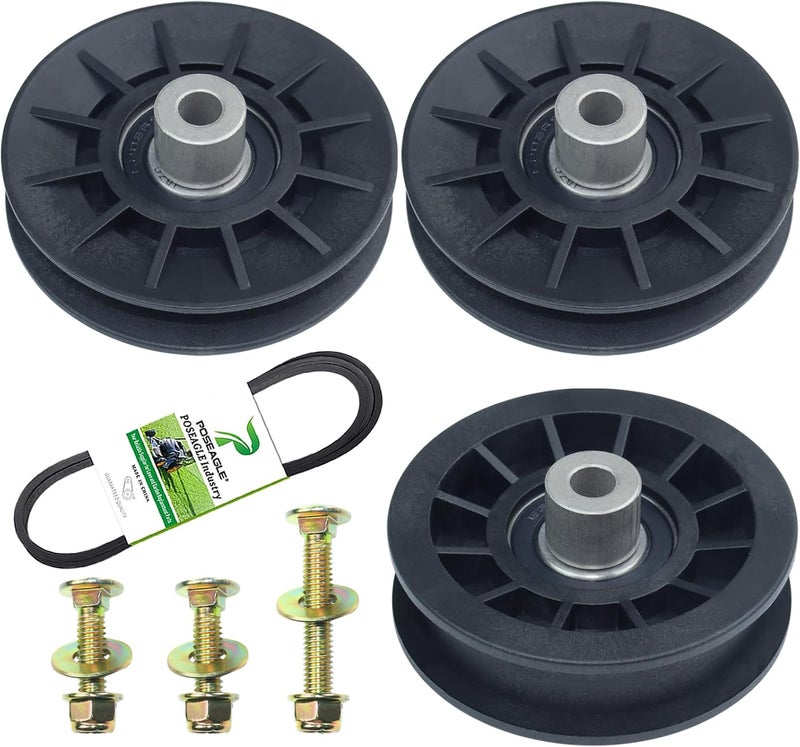POSEAGLE 2 Pack 532194326 V-Groove Idler Pulley with 532194327 Flat Idler Pulley 532125907 Belt 1/2x90 and Hardware Kit for Husqvarna 2748GLS 2354GXLS GT48XLS GT54LS TS348 TS354D Lawn Tractors - Image 1